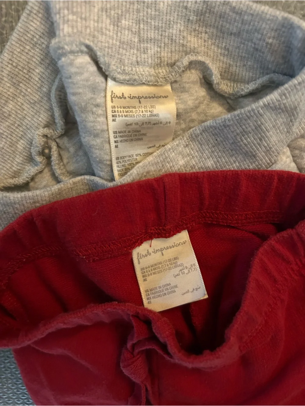 Set of 2 Baby sweat pants.  Quilted Gray Joggers and Red Knit Pants